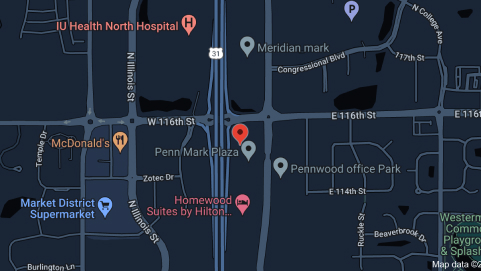 Map of where to find the INvestEd office. It's near the intersection of US 31 (Meridian Street) and 116th Street in Carmel, Indiana.